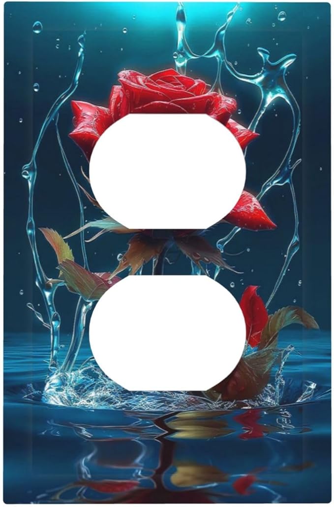 Red Rose Blue Water Drips 1 Gang Outlet Plate Covers Decorative Single Duplex Wall Plate Electrical Receptacle Light Switch Cover Art Faceplate Switchplate for Kidroom Bedroom Living Room Decor