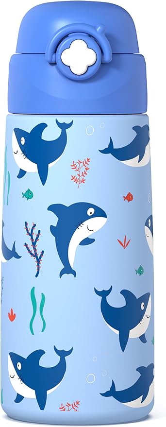 Boys Insulated Water Bottle with Covered Pop-Up Straw,16 oz Kids Cups with Stainless Steel Leak Proof for School（Blue-Shark）