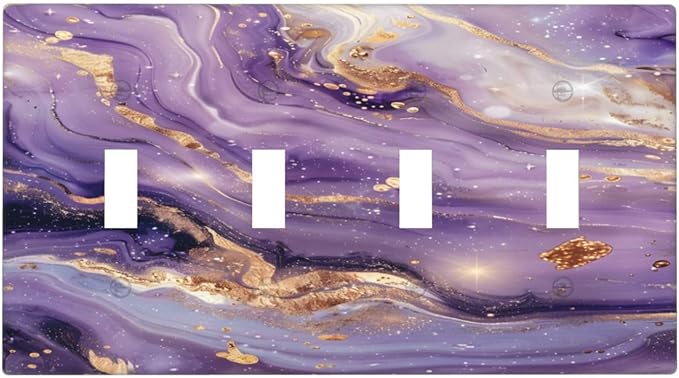 Abstract Purple Gold Marble Texure Luxurious Light Switch Covers Quad Toggle Electrical Faceplate 4 Gang Wall Plate Decorative Switch Plates Cover for Bathroom Living Room Decor