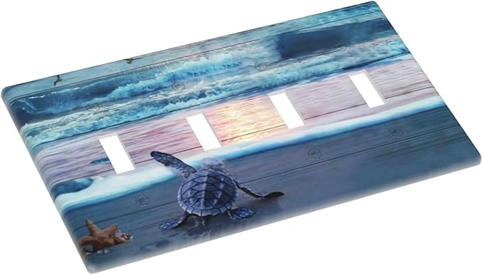 Funny Summer Hawaii Starfish Beach Wave Turtle Four Gang Light Switch Cover, Conch Coral Coastal Nautical Ocean Blue Turtle Tortoise 4 Gang Quad Toggle Switch Wall Plate Outlet Cover Standard Size