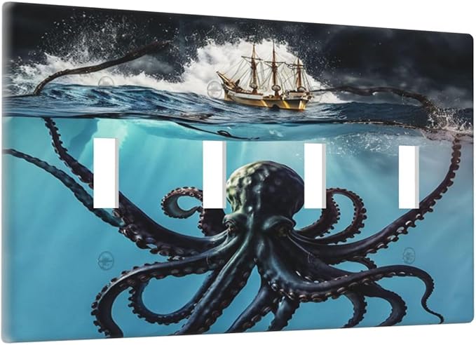 Light Switch Cover Plate Black Ocean Nautical Octopus Ship Funny Kraken 4 Gang Switch Plate Covers Quad Toggle Wall Plates Decorative Switchplate Electrical Faceplate for Bathroom Home Decor