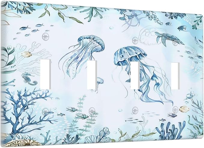 Light Switch Covers Jellyfish Teal Blue Ocean Turtle Coastal Beach Quad Toggle 4 Gang Wall Plate Electrical Faceplate Decorative Switch Plates for Bedroom Bathroom Decor