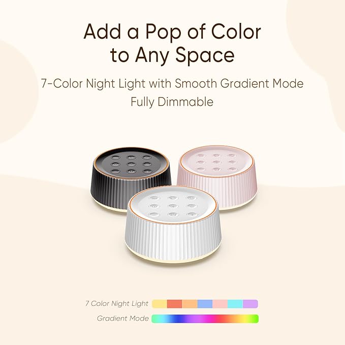Noise Machine, White Noise Sound Machine for Baby & Adults, 26 Soothing Sounds, 8 Night Light Colors, Tap Control, 6 Timer Settings, Auto-Off & Memory, 4-7-8 Breathing, Sleep Soother for Home