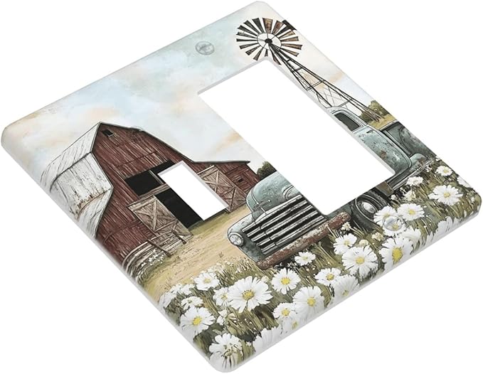Retro Trucks Old Barn Windmill Teal Car Rustic Outlet Covers 1 Toggle 1 Rocker Combination Decorative Wall Plate Electrical Switch Plates Light Switch Cover Plate for Farmhouse Home Decor