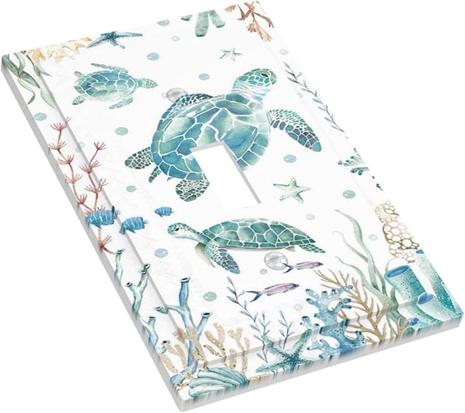 Sea Turtle Ocean Starfish Fish Coral Pearl Decorative Light Switch Cover 1 Gang Single Toggle Device Electrical Faceplate Switchplates Decorator Outlet Wall Plate for Bathroom Kids Room Decor