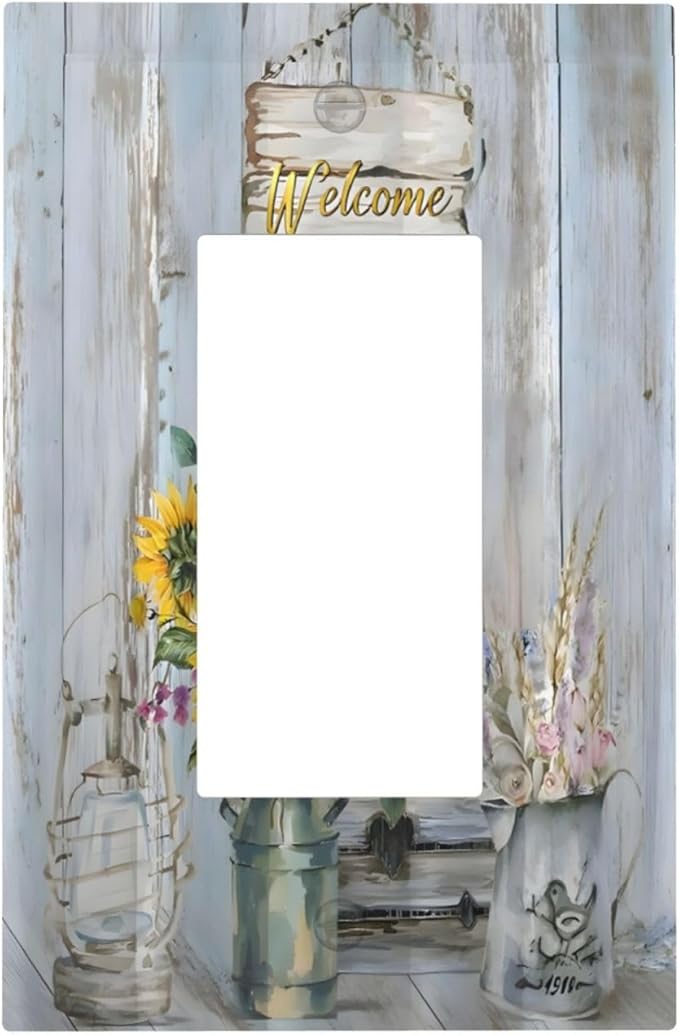 Rustic Sunflower Floral Vintage Wood Board Decorative Outlet Covers 1 Gang Single Rocker Light Switch Cover Plate Wall Plates GFCI Faceplate for Farmhouse Home Decor