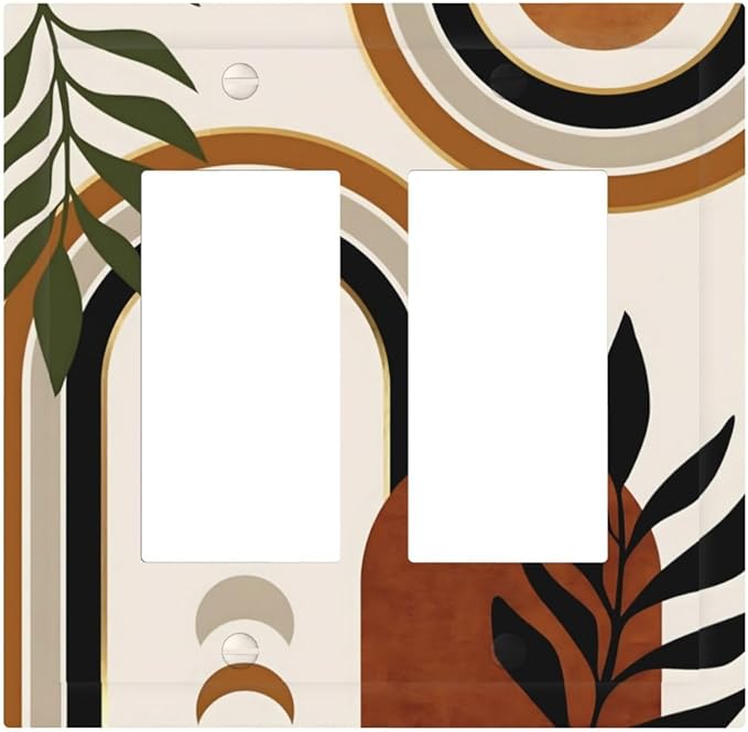 Boho Mid Century Arch Plant Leaves Sun Moon Decorative Outlet Covers 2 Gang Double GFCI Rocker Electrical Wall Panels Light Switch Cover Plate for Bedroom Living Room Decor