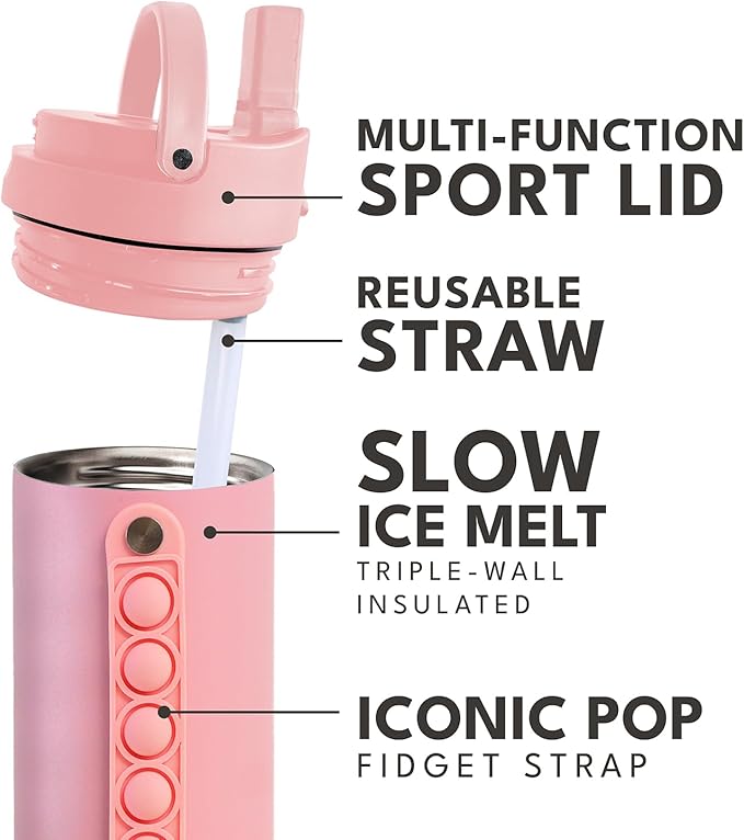 Elemental Iconic Kids Water Bottle for School - 100% Leak-Proof Insulated Water Bottles with Straw Lid & Pop-It Handle for Boys & Girls - Triple-Wall Insulated & BPA-Free, 20oz – Rose
