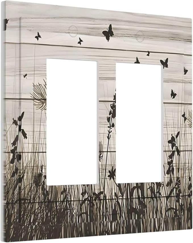 Wildflower Butterfly Grass Dandelion Vintage Wooden Print Decorative Outlet Covers 2 Gang Double GFCI Rocker Electrical Wall Panels Light Switch Cover Plate for Farmhouse Home Decor