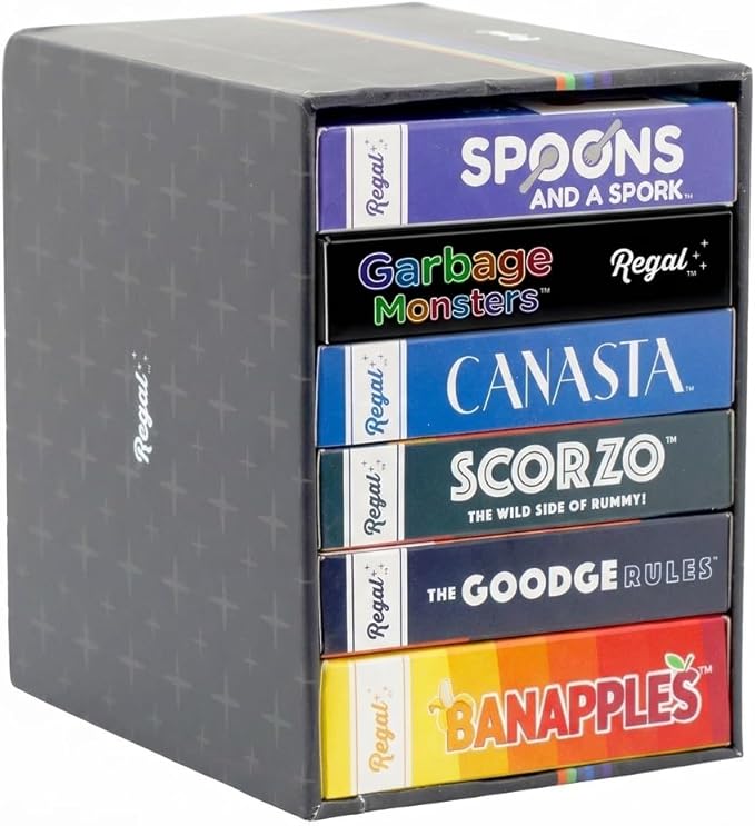 Regal Games Fun Card Games Set for Adults - Canasta, Spoons and a Spork, Garbage Monsters, ScorZo, The Goodge Rules, and Banapples Decks - Fun & Travel Playing Cards for Family Game Night