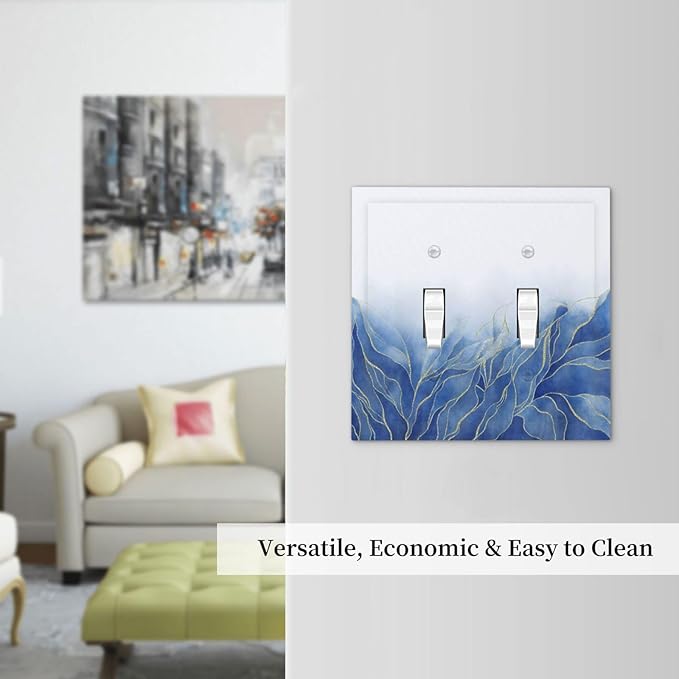 Light Switch Cover Plate Blue Gold Leaf Marble Modern Abstract 2 Gang Double Toggle Decorative Switch Plates Plug Cover Wall Plates Electrical Faceplate for Kitchen Bathroom Decor