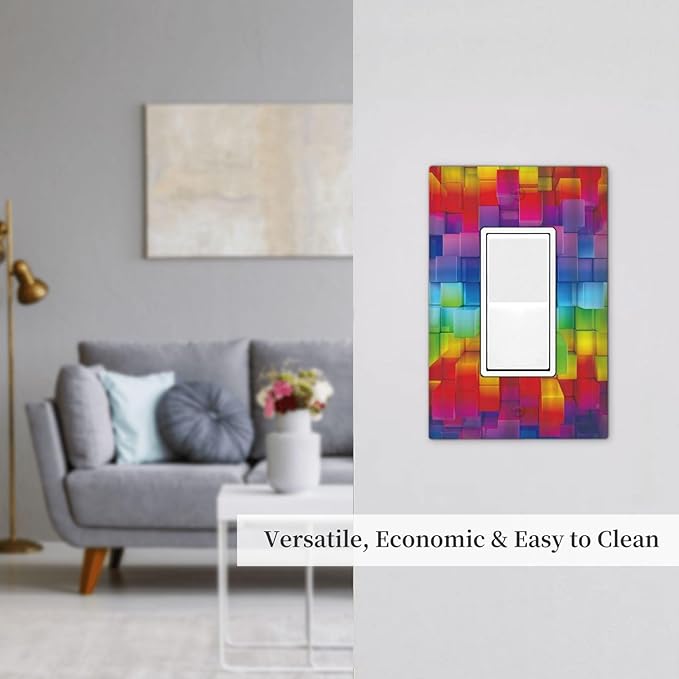 3D Colorful Rainbow Wall Abstract Squre Shaped 1 Gang Rocker Light Switch Covers Decorative Unique Single Decora Outlet Wall Plate Faceplate Switchplate GFCI for Kitchen Bedroom Bathroom Decor