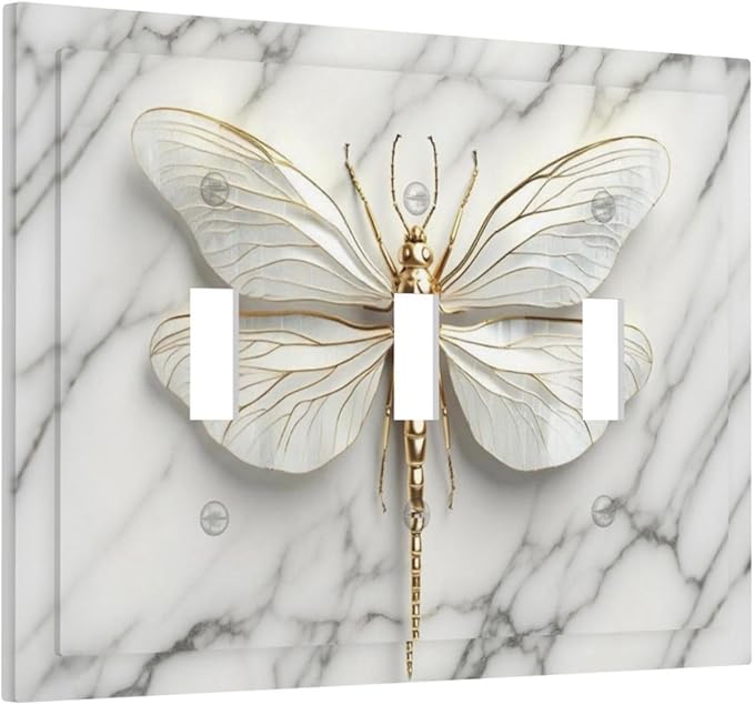 White Gold Marble Dragonfly Abstract Modern Decorative Switch Plates 3 Gang Wall Plate Triple Toggle Light Switch Cover Faceplate Electrical Wall Panels for Bathroom Home Decor