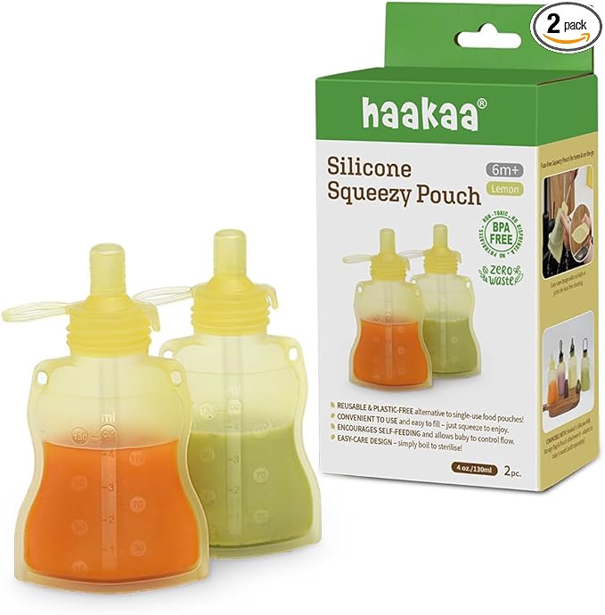 haakaa Silicone Yummy Pouch 4.5 oz – Reusable Silicone Snack & Smoothie Pouch, Refillable, Leak-Resistant, Dishwasher Safe, Eco-Friendly Food Storage for Babies Kids & Toddlers (2-PK, Lemon)