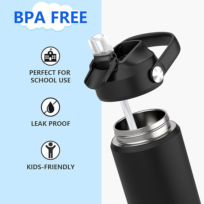 Kids Water Bottle with Straw,18 oz Boys Insulated Cups with Stainless Steel Leak Proof for School Boys Girls,Sport&Travel（Black）