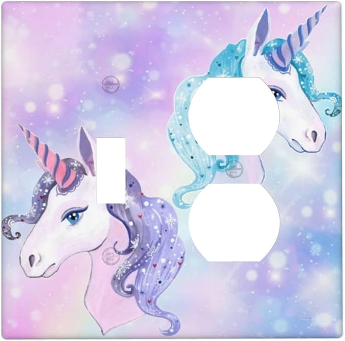 Rainbow Purple/Blue Unicorn 2-Gang 1-Toggle 1-Duplex Device Combination Wallplate Cute Funny Fantasy Animal Dreamy Nursery One Toggle Switch and One Duplex Receptacle Outlet Combo Light Switch Cover