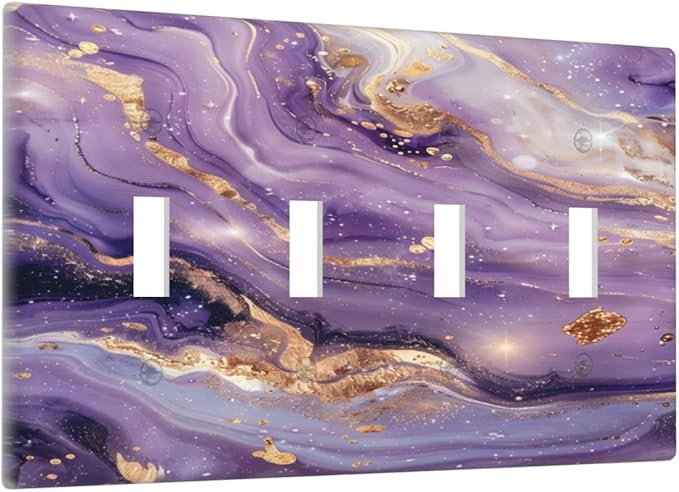 Abstract Purple Gold Marble Texure Luxurious Light Switch Covers Quad Toggle Electrical Faceplate 4 Gang Wall Plate Decorative Switch Plates Cover for Bathroom Living Room Decor
