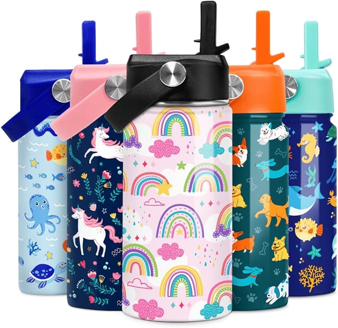 Kids Water Bottle Rainbow Water Bottles 12oz with Straw Insulated Stainless Steel Travel School Tumbler Double Wall Vacuum Cup for Girls Kid