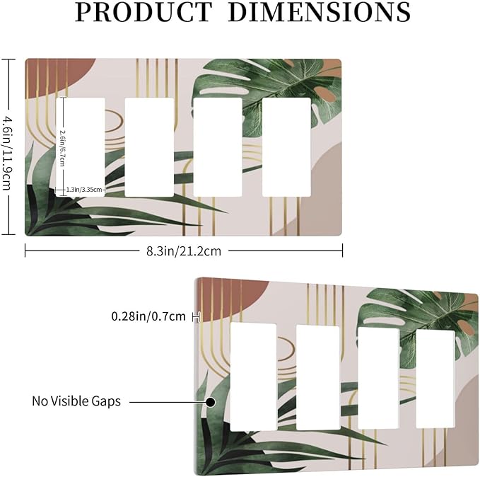 Decorative 4 Gang GFCI Screwless Decorator Outlet Light Switch Cover Beige Abstract Art 70s Middle Mid Century Boho Botanical Palm Leaf Quad Rocker Wall Plate Decorative Electrical Switch Faceplate