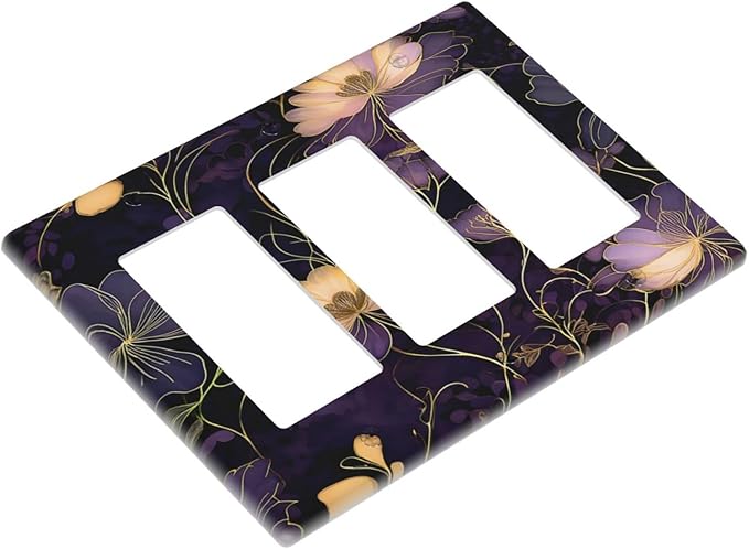 Modern Boho Vintage Gold Purple Dark Floral Modern Abstract Flowers Light Switch Covers 3 Gang Rocker Decorative Triple Outlet Wall Plate Cover Switchplate Electrical Gfci for Bedroom Living Room