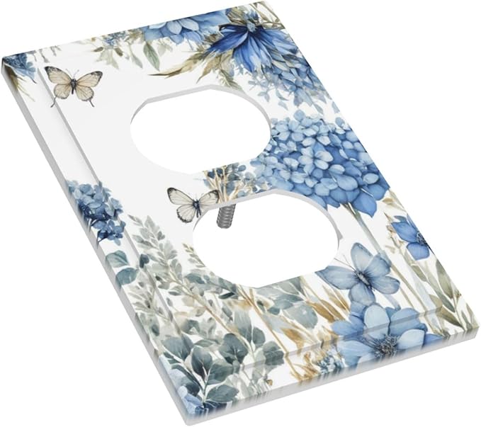 Decorative Outlet Covers Boho Blue Flowers Rustic Beige Butterfly Leaves 1 Gang Wall Plate Receptacle Duplex Light Switch Cover Plate Single Dual Plug Covers Electrical Switchplate