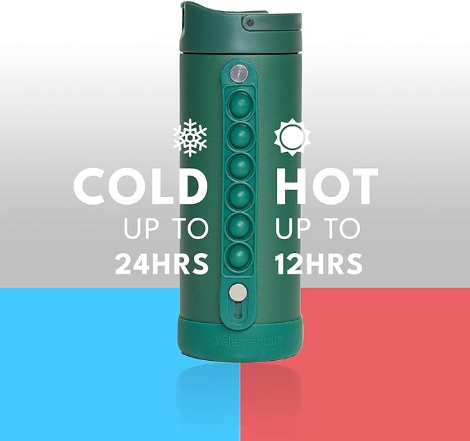 Elemental Iconic Kids Water Bottle for School - 100% Leak-Proof Insulated Water Bottles with Straw Lid & Pop-It Handle for Boys & Girls - Triple-Wall Insulated & BPA-Free, 14oz –Forest Green