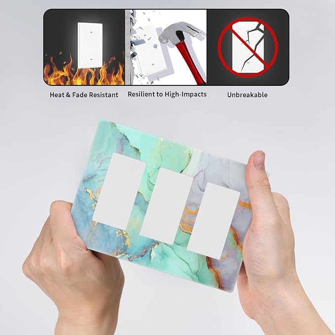 Teal Green Marble 3 Gang Triple Rocker/Decor Light Switch Wall Plate Cover Decorative Electrical Faceplate for Kids Living Room Bedroom Decor Screwless 6.57" x 4.65