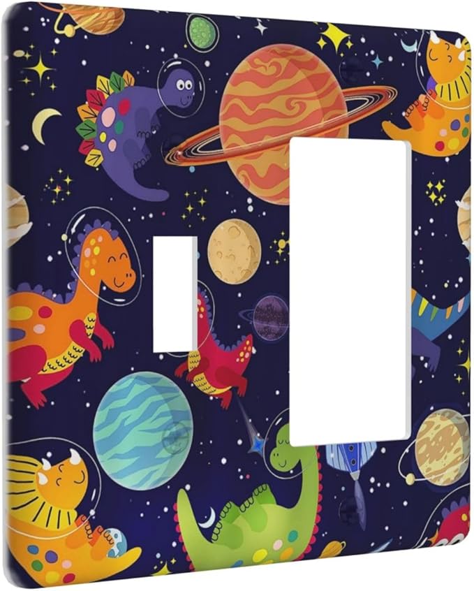 2-Gang 1-Toggle 1-Decora/GFCI Device Combination Wall Plate Navy Blue Funny Dino Fun Kids Dinosaur Universe Outer Space Nebula Baby Boy Girl Playroom Combo Toggle Decorator Outlet Light Switch Cover