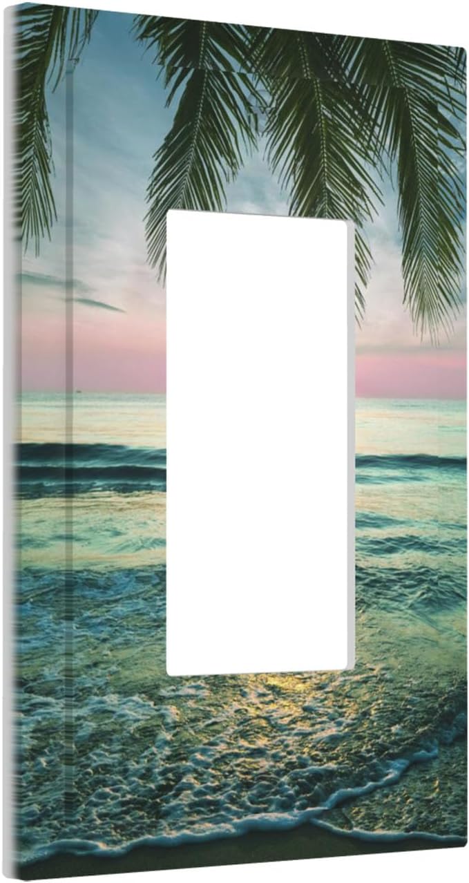 Tropical Beach Sunset Single Rocker Switch Cover - 1-Gang Standard US Size Palm Fringe Ocean View Light Switch Covers for Pool Beach House Decor
