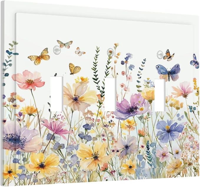 Wildflowers Colorful Flower Butterfly Floral Decorative Switch Plates 3 Gang Wall Plate Triple Toggle Light Switch Cover Faceplate Electrical Wall Panels for Farmhouse Bedroom Decor