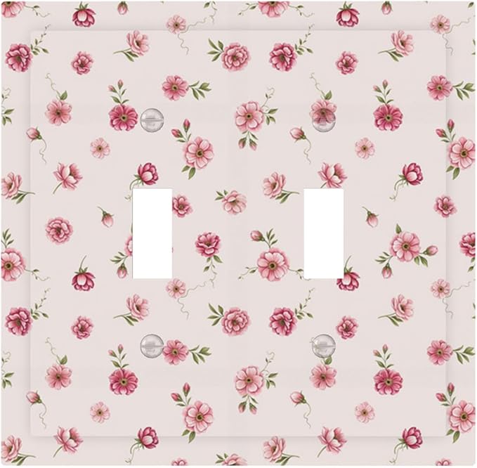 Pink Ditsy Floral Double Toggle Switch Cover - 2-Gang Standard US Size French Country Petite Floral Light Switch Covers, Vintage Shabby Chic for Girls Room