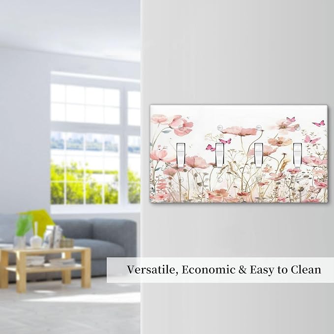 Boho Floral Watercolor Pink Wildflower Butterfly Light Switch Covers Quad Toggle Electrical Faceplate 4 Gang Wall Plate Decorative Switch Plates for Bedroom Living Room Decor