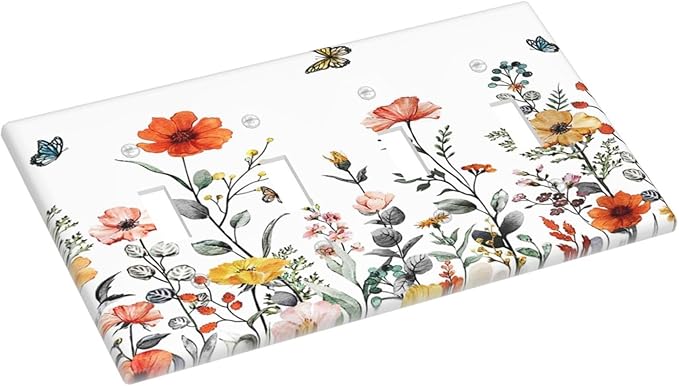 Colorful Butterfly Blossom Flower Floral Decorative 4 Gang Quad Toggle Light Switch Cover Electric Large Size Quadruple Faceplate Decorative Switch Face Wallplate