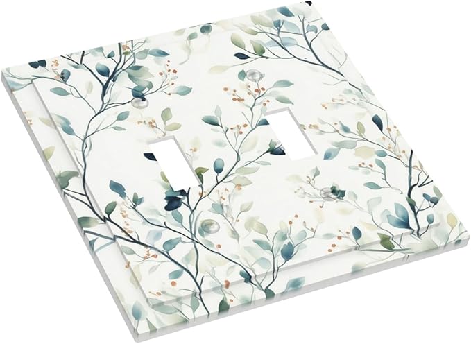 Watercolor Floral Green Leaves 2 Gang Light Switch Cover Green Botanical Flowers Double Toggle Wall Plate Decorative Electrical Switchplate Covers for Bedroom Kitchen Living Room Decor