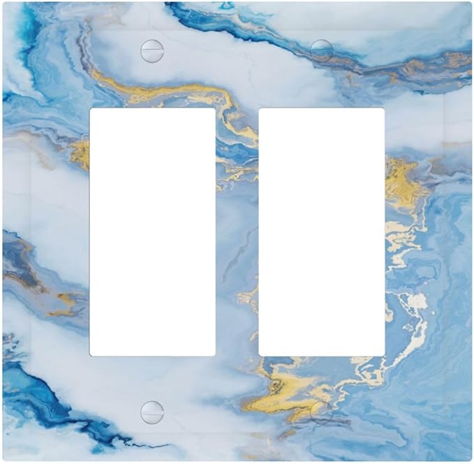 Beautiful Marble Texture Blue Gold Fluid Abstract Print Decorative Outlet Covers 2 Gang Double GFCI Rocker Electrical Wall Panels Light Switch Cover Plate for Bedroom Bathroom Decor