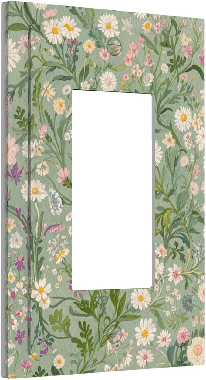 Decorative Light Switch Cover Plate with Vintage Wildflowers & Daisies on Light Green Background Design 1 Gang Rocker Outlet Covers Single Decora Gfci Device Wall Plate