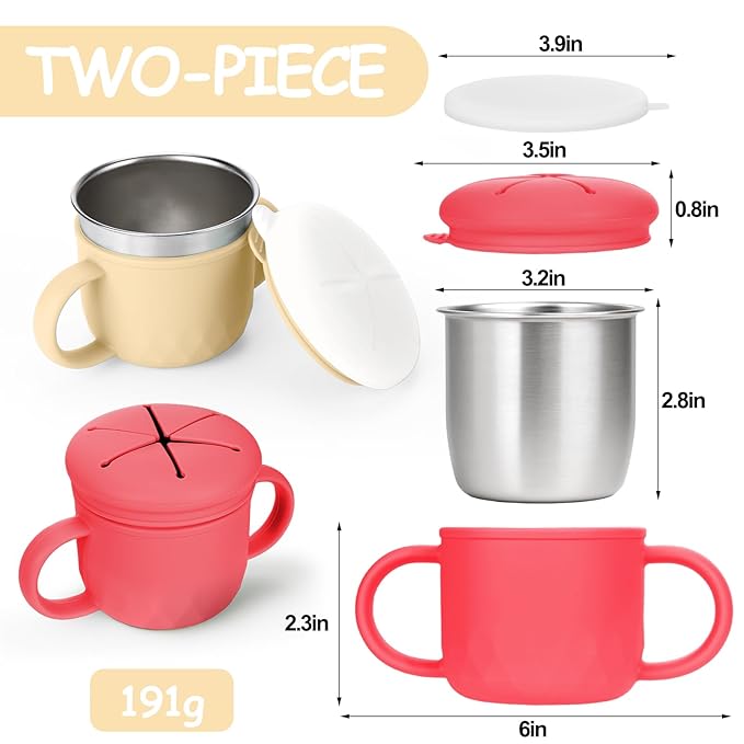 Mity Rain 2-Pack Stainless Steel Snack Containers, 4-in-1 Spill Proof Snack Cups with Silicone Lid and Handle, Dishwasher Safe Travel Snack Containers for Kids and Infants (Red + Ivory Yellow)