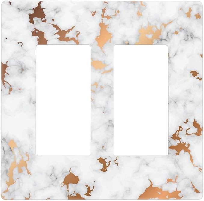Lexury White Red Golden Marble 2 Gang Double Rocker/Decora Light Switch Cover Decorative Outlet Wall Plate Electrical Faceplate Home Family Art Decor Screwless