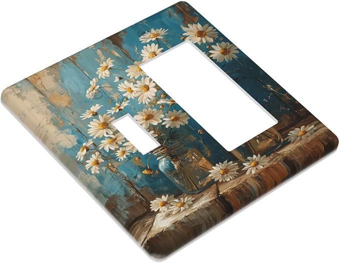 Delicate White Daisy Jars Retro Wood Background Outlet Covers 1 Toggle 1 Rocker Combination Decorative Wall Plate Electrical Switch Plates Light Switch Cover Plate for Farmhouse Home Decor
