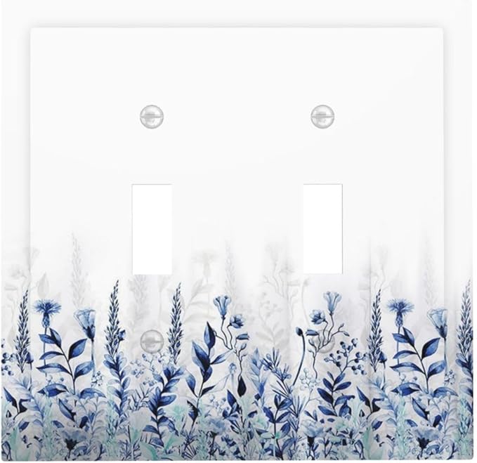 Decorative Light Switch Cover Plate Rustic Blue Plants Wildflowers Boho Leaves Unique 2 Gang Wall Plate Cover Double Toggle Switch Plate Covers Electric Dual Device Electrical Faceplate