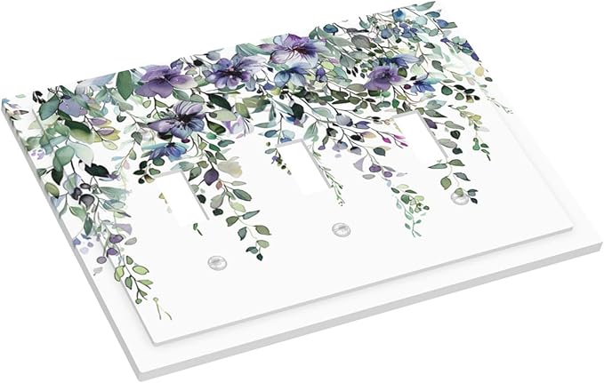 Light Switch Cover Plate Blue Purple Eucalyptus Leaves Boho Botanical 3 Gang Triple Toggle Decorative Switch Plates Wall Plates Electrical Switchplate Faceplate for Bathroom Home Decor