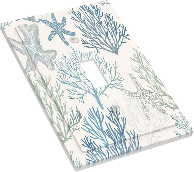 Decorative Light Switch Cover Ocean Beach Theme Starfish Seashell Coral 1 Gang Single Toggle Device Electrical Faceplate Switchplates Decorator Outlet Wall Plate For Bathroom Kids Room