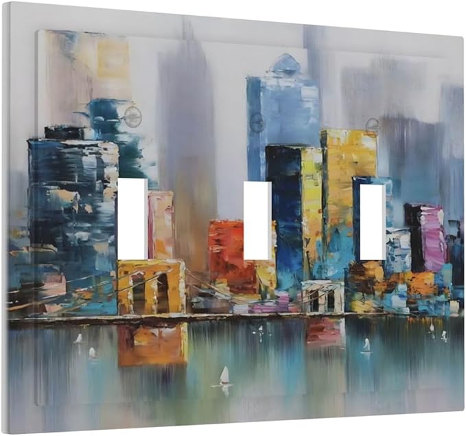 Colorful Nyc Skyline Textured Modern Abstract Decorative Switch Plates 3 Gang Wall Plate Triple Toggle Light Switch Cover Faceplate Electrical Wall Panels for Bedroom Living Room Decor