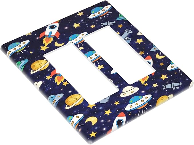 Decorative Outlet Covers Blue Space-themed Rocket Spaceship 2 Gang Light Switch Cover Plate Double Rocker Wall Plates for Electrical Outlets Switch Plate Covers for Children's Room Decor