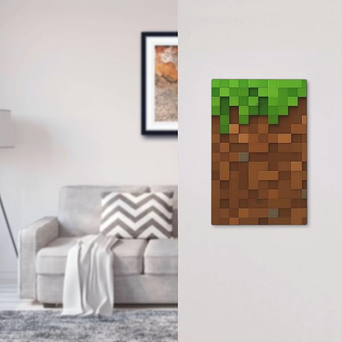 Pixel Style Gamer Themed Grass Block Light Switch Cover Plate 1 Gang No Device Blank Electrical Wall Plates Faceplate Decorative Switch Plate Covers for Kids Room Office Home Decor