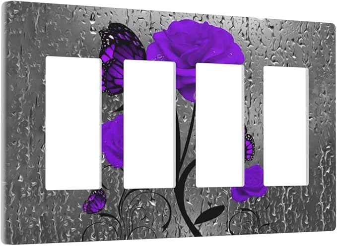 Purple Butterfly Rose Flower 4 Gang Quad Rocker/Decor Light Switch Cover Plate Decorative Electrical Faceplate For Girls Room Bedroom Decorate Jumbo Size Screwless 8.3" x 4.6