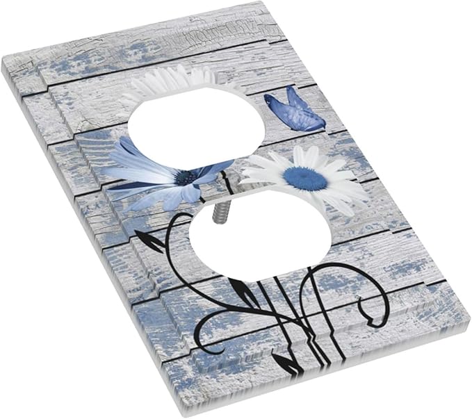 Blue White Daisy Flower Butterfly Rustic Wood Board Outlet Covers 1 Gang Duplex Light Switch Cover Decorative Switch Plates Electrical Receptacle Faceplate Wall Plate for Farmhouse Bedroom Decor