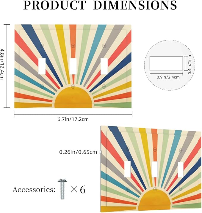 Yellow Orange Rainbow Mid Century 3 Gang Light Switch Cover Boho Sun 70s 60s Decorative Triple Toggle Outlet Wall Plate Cover Retro Vintage Retro Sunshine Sunrise Sunset Electrical Switch Face Plate