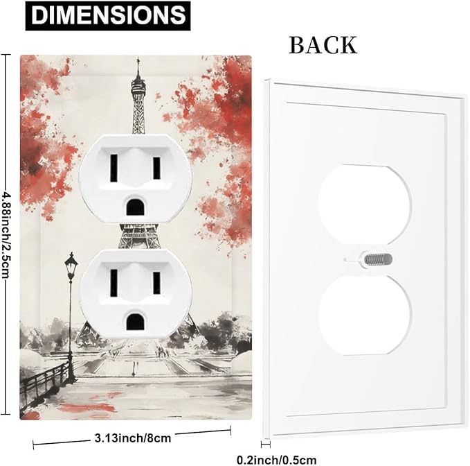 Parisian Watercolor Eiffel Tower Duplex Wall Plate - 1-Gang Standard US Size Paris Cherry Blossoms Romantic Outlet Covers, Vintage French Watercolor for Bedroom Decor