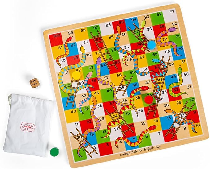 Bigjigs Toys Traditional Snakes and Ladders Game | 4 Player Wooden Board with Counters & Dice | Family Toy for Kids & Adults | Educational Tool for 3+ Year Old Children | Classic